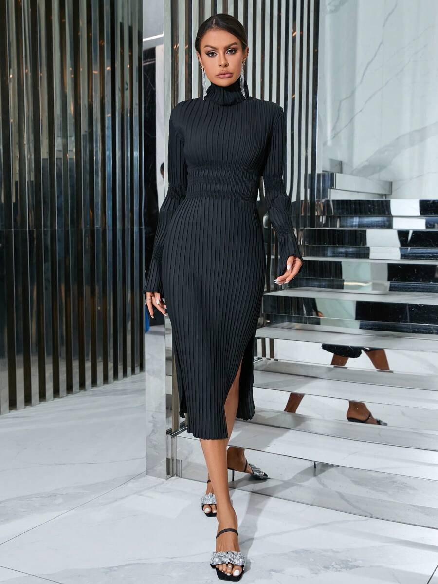 GENKIRA High Neck Long Sleeve Dress With High Split - Black - View 1