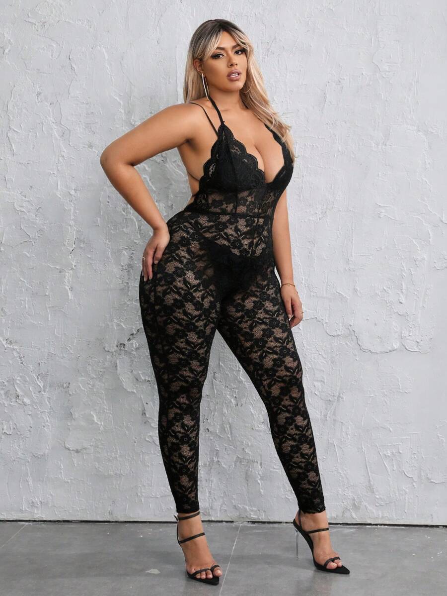SHEIN SXY 大尺碼蕾絲無背領口連身褲 - 黑色 - 查看 1