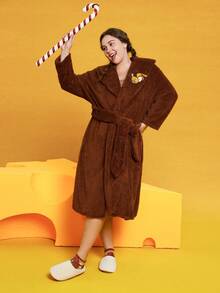 TOM & JERRY X SHEIN Plus Embroidery Cartoon Pattern Fuzzy Robe And Slip Nightdress - Multicolor - View 6