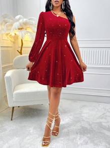 AIJ Váy suông tay đèn lồng bất đối xứng, chất liệu nhung, mẫu mới thu/đông Amarilo, eo thắt eo - Đỏ - Xem 3