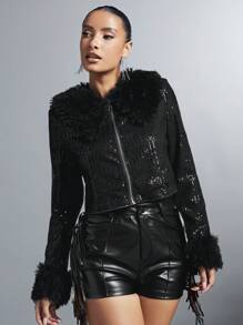 SHEIN BAE 毛領拉鍊亮片短款夾克 - 黑色 - 查看 4