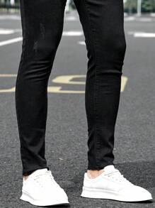 Manfinity Homme Men's Solid Color Simple Style Slim Fit Jeans With Narrow Hem - Black - View 6