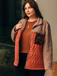 EMERY ROSE Plus Size Color-blocked Leopard Print Coat With Pockets, Winter - Multicolor - View 1