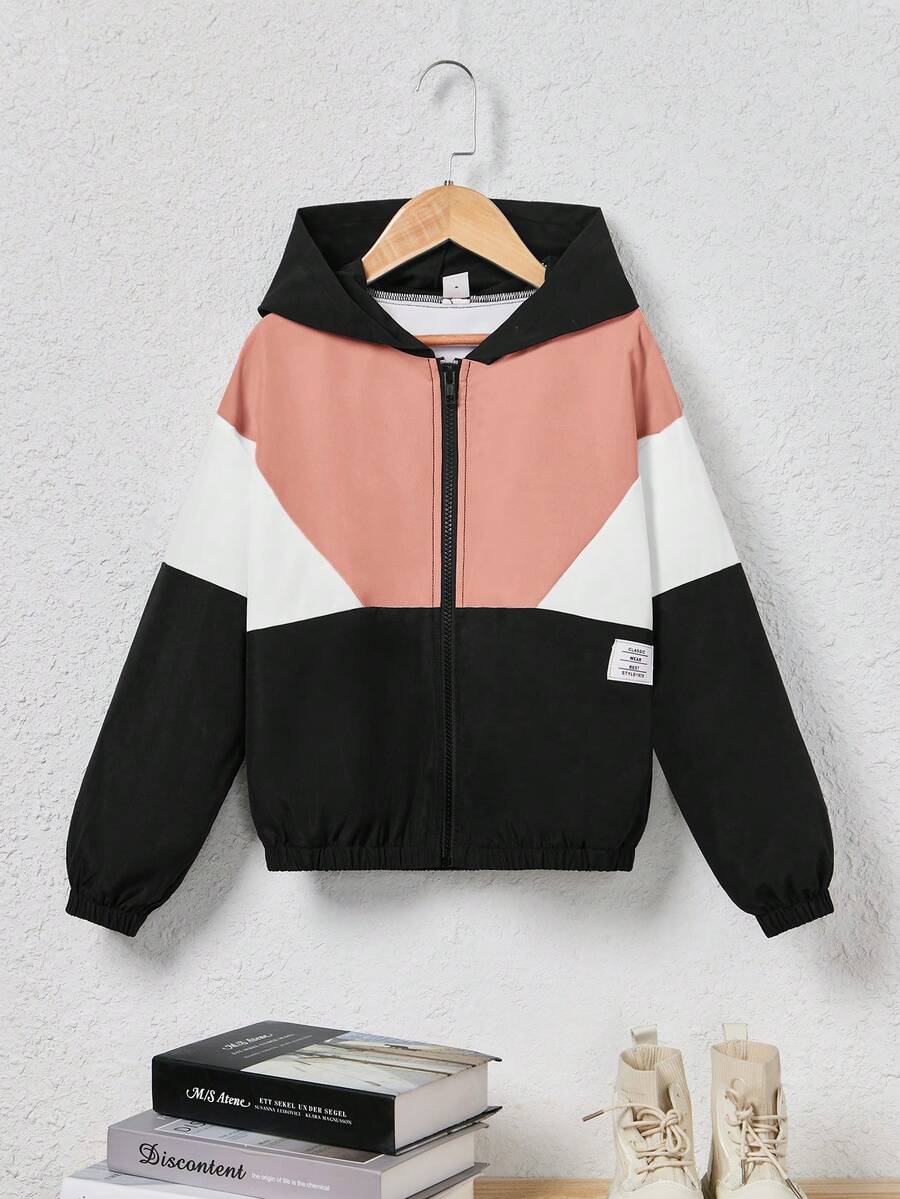 SHEIN 女大童撞色字母補丁細節連帽夾克 - 珊瑚橙 - 查看 1