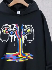 SHEIN 青少年男孩游戏手柄印花卫衣 - 黑色 - 查看 7