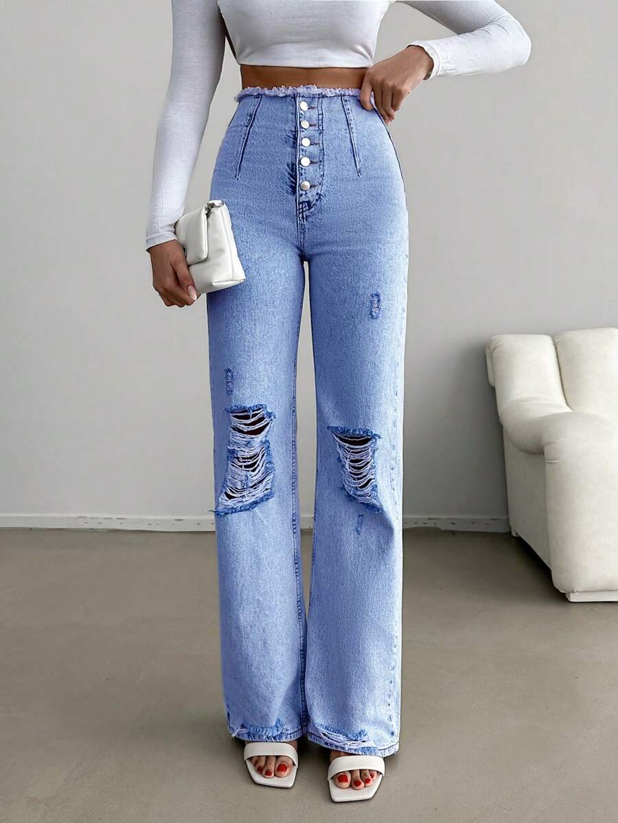 RueChic Jeans Mit Zerrissenem Und Knopfleiste - Babyblau - Übersicht 1