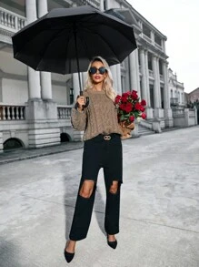SHEIN LUNE Xoắn Mẫu dệt kim Tay áo dài Áo len - Màu Khaki - Xem 4