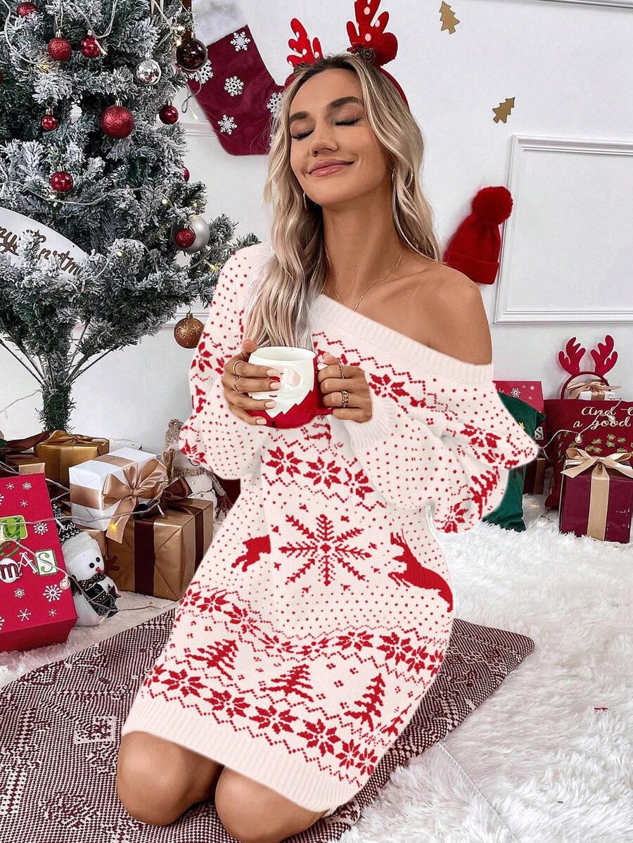 Chiquease Women's Reindeer Geometric Pattern Sweater Dress - White - View 1