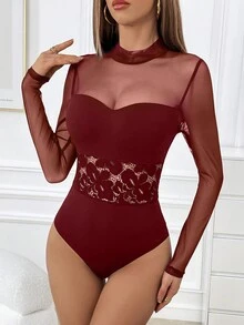SHEIN Privé Contrast Mesh Mock Neck Bodysuit - Burgundy - View 3