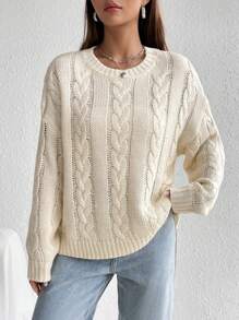 SHEIN Unity Màu thuần Thả vai Vòng cổ Xoắn Dan Áo len - trắng - Xem 4