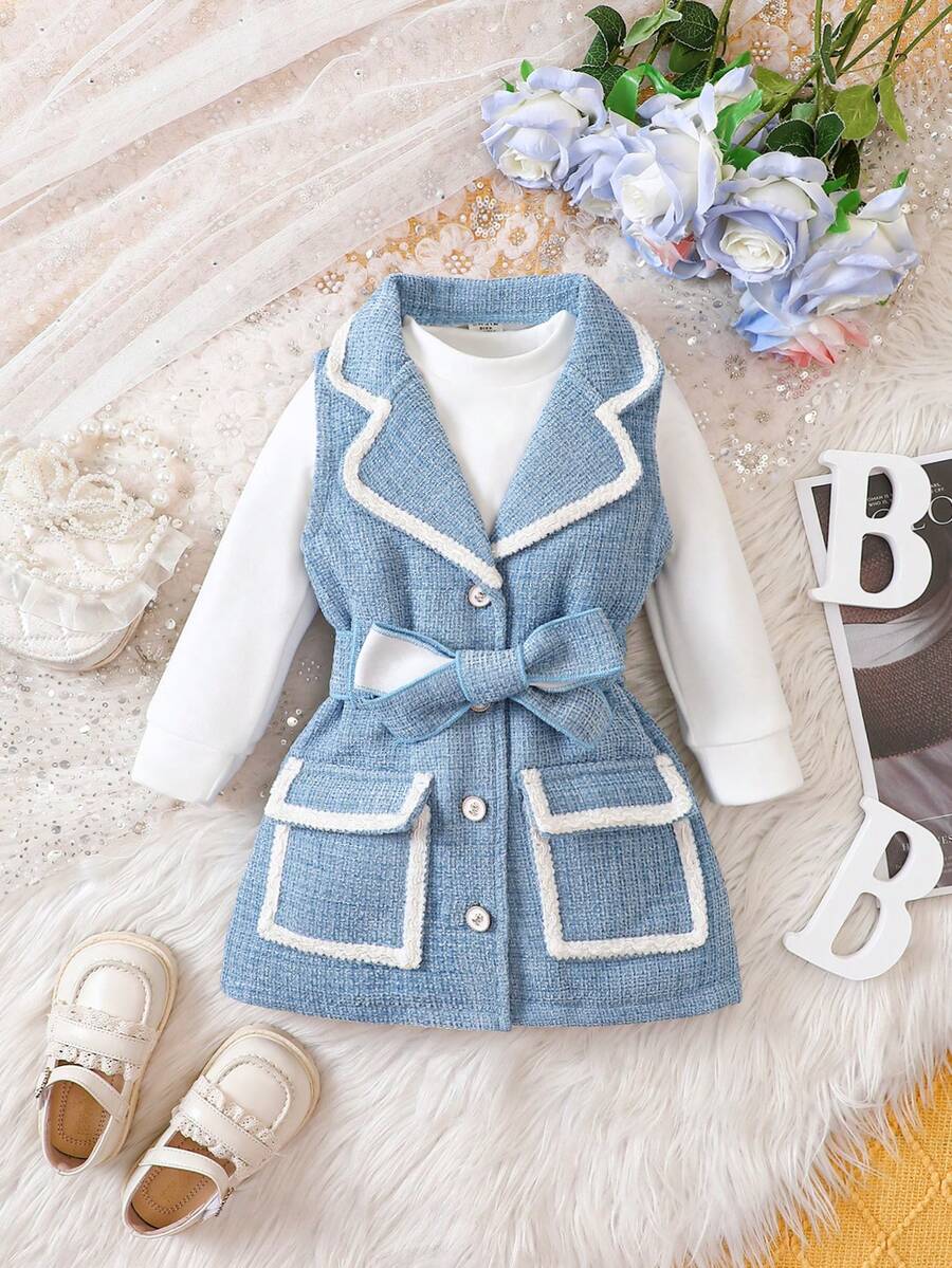 寶寶女孩秋冬套裝,無袖斜紋外套和針織長袖裙