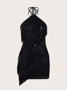 SHEIN ICON Women's Multi-layered Tassel & Sequin Decor Halter Neck Dress - Black - View 1