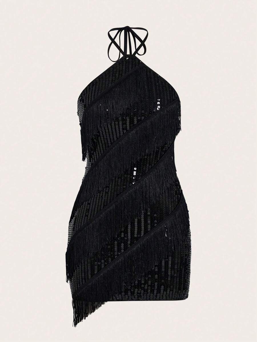 SHEIN ICON Women's Multi-layered Tassel & Sequin Decor Halter Neck Dress - Black - View 1
