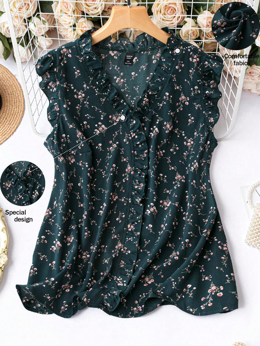 SHEIN Clasi Áo cánh xếp nếp họa tiết hoa nhỏ nhắn, mùa hè - Màu xanh lá cây đậm - Xem 1