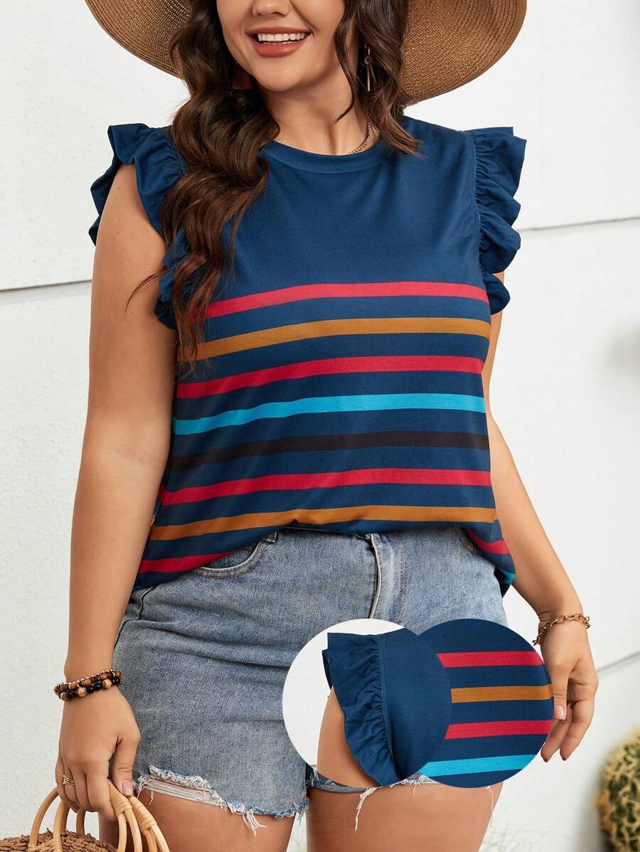 SHEIN LUNE Camiseta con estampado de rayas ribete con fruncido - Azul Marino - Ver 1