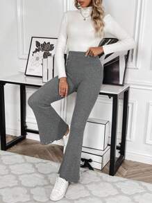 Chiquease Elastic Waist Flare Leg Knit Pants - Dark Grey - View 4