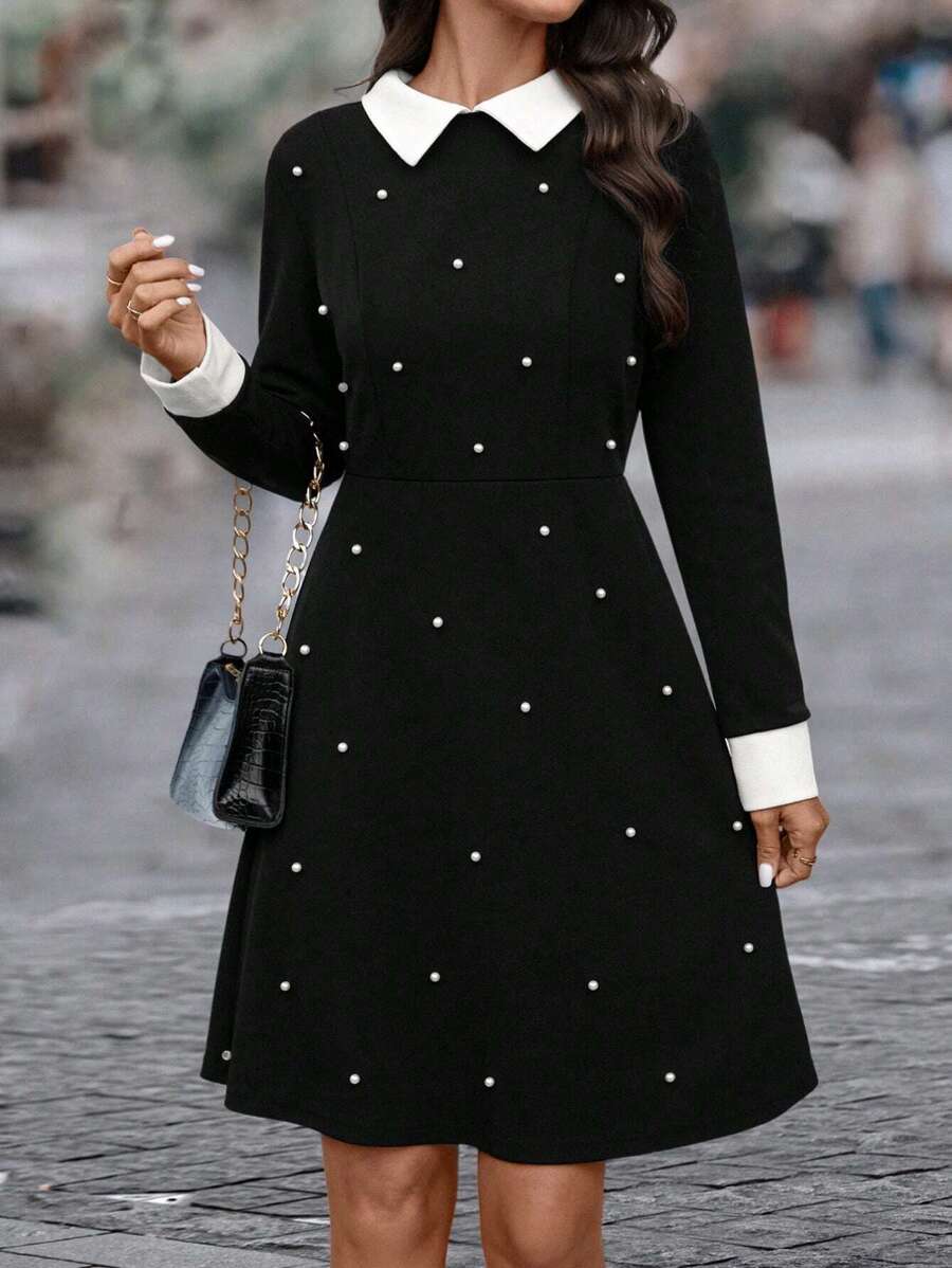 SHEIN Clasi Pearls Beaded Contrast Trim Dress - Black and White - View 1