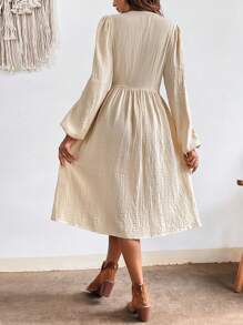 SHEIN VCAY Women's Single Breasted Lantern Sleeve Dress - Apricot - View 3