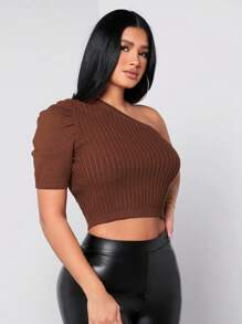 SHEIN SXY Gigot Sleeve One Shoulder Sexy Knitted Top For Women, Clubwear - Brown - View 3