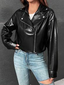 SHEIN Frenchy 女式帶領口摩托夾克 - 黑色 - 查看 4