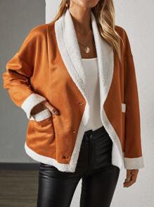 Chiquease Contrast Trim Teddy Lined Coat Fall Cloth For Women - Brown - View 5