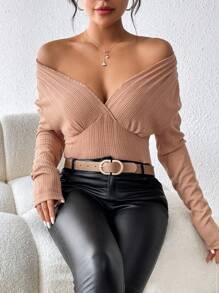 SHEIN Privé 純色條紋露肩t恤 - 卡其色 - 查看 1