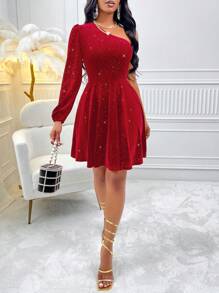 AIJ Váy suông tay đèn lồng bất đối xứng, chất liệu nhung, mẫu mới thu/đông Amarilo, eo thắt eo - Đỏ - Xem 5