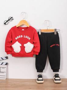 SHEIN Sudadera Con Capucha Y Pantalón De Chándal Para Bebé Con Letras Y Gráficos, Con Bolsillo Y Parches De Osito De Peluche