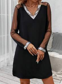 SHEIN Clasi Contrast Mesh Sleeve Contrast Sequin Tunic Dress - Black - View 5