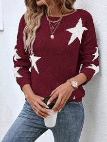 SHEIN LUNE Star Pattern Sweater - Burgundy - View 4