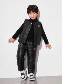 SHEIN 3 piezas Chaqueta con capucha acolchada holgada informal para niños, chaleco sin mangas y conjunto de pantalones, de felpa, abrigados