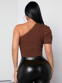 SHEIN SXY Gigot Sleeve One Shoulder Sexy Knitted Top For Women, Clubwear - Brown - View 2