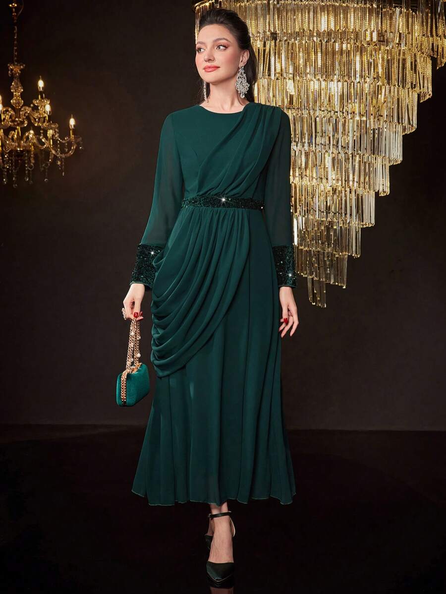 Modelyn Solid Color Round Neck Shimmer Patchwork Draped Ruffle Arabian Dress - Dark Green - View 1