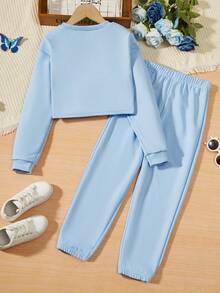 SHEIN Tween 女孩字母圖案短款運動衫和運動褲 - 藍色 - 查看 2