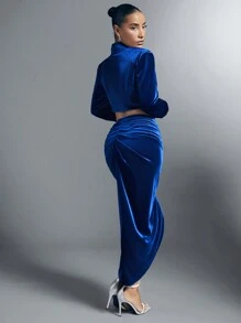 SHEIN BAE 西裝領短款絲絨西裝外套&褶邊高衩半身裙 - 藍色 - 查看 2