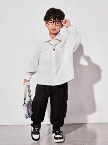 SHEIN Young Boys' Casual Loose Fit Solid Color Shirt With Chest Pocket Decoration, Long Sleeve