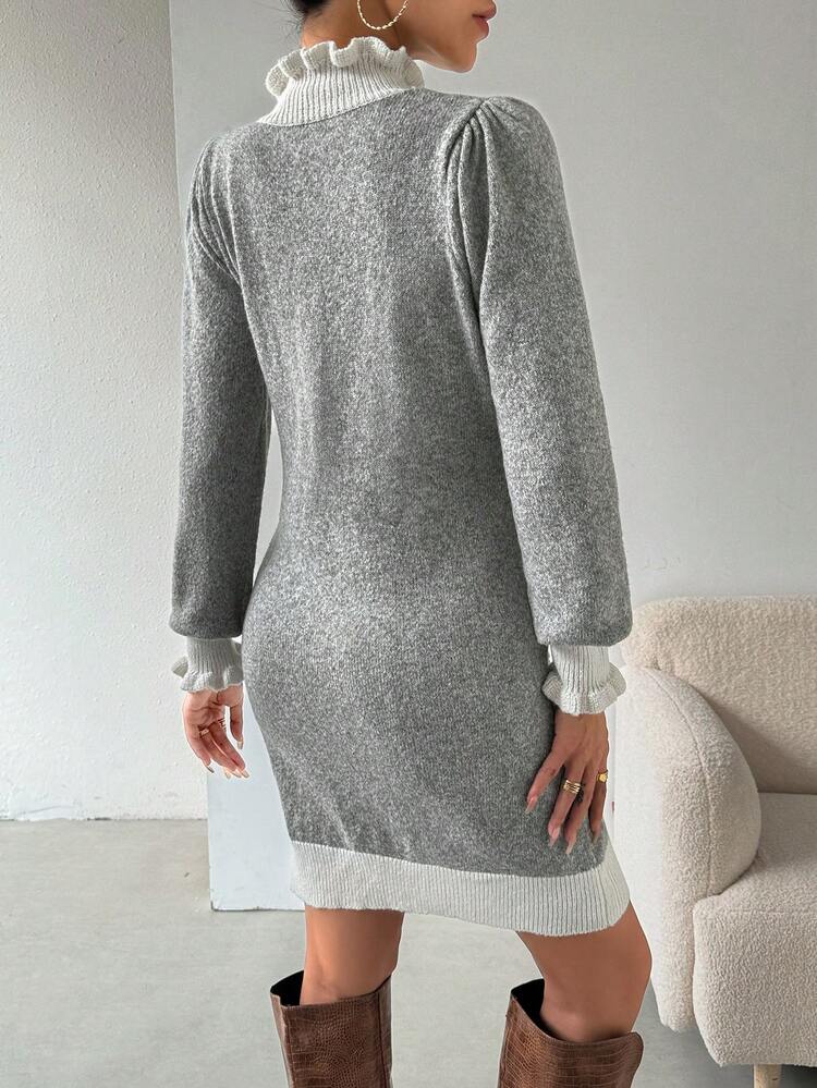 Contrast Trim Flounce Sleeve Sweater Dress