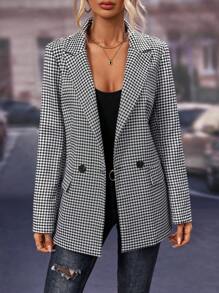 SHEIN Essnce Plaid Turn-down Collar Double-breasted Blazer Jacket - White - View 4