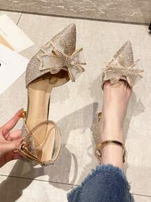 Zapatos de tacón alto elegantes dorados con moño para mujer, elegantes, para fiestas, bodas y atuendos - Dorado - Ver 2