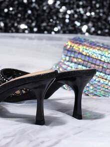 女性鑽石裝飾高跟鞋迷人的閃爍尖頭鞋婚禮派對細跟鞋黑色磨砂拖鞋黑色鞋春夏款 - 黑色 - 查看 5