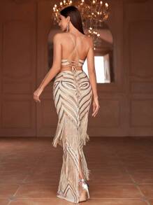 Faeriesty 优雅细肩带亮片长裙，后背系带设计，流苏下摆，完美的舞会礼服，晚礼服 - 香檳色 - 查看 2