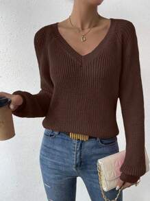 SHEIN LUNE Women's Raglan Sleeve Sweater,Long Sleeve Tops Knit Pullover Fall Winter Sweater - Brown - View 6