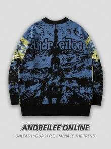 ANDREILEE 男士蓝色油画风格梵高巴黎埃菲尔铁塔圆领套头毛衣，秋冬款 - 藍色 - 查看 2