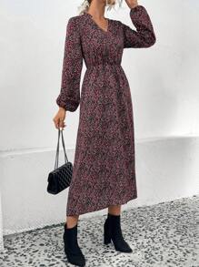 SHEIN Clasi Ditsy Floral Print Lantern Sleeve Dress - Black - View 3