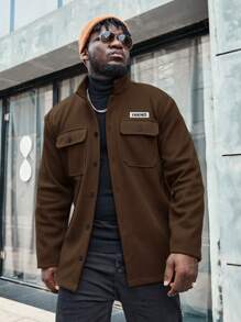 Manfinity Homme Men Plus Letter Patched Flap Pocket Overcoat - Brown - View 3