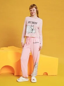 TOM & JERRY X SHEIN Women's Striped T-shirt And Drawstring Cartoon Printed Long Pants Pajama Set - Multicolor - View 1