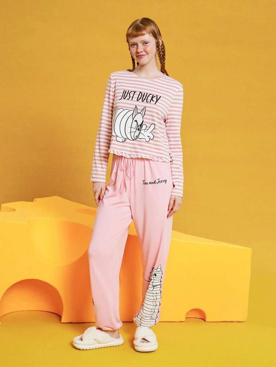 TOM & JERRY X SHEIN Women's Striped T-shirt And Drawstring Cartoon Printed Long Pants Pajama Set - Multicolor - View 1
