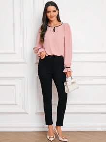 SHEIN Clasi Của phụ nữ Tương phản Nếp uốn Cạnh Ngắn tay Áo sơ mi - Hồng - Xem 6