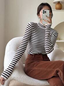 DAZY Của phụ nữ Sọc Thon gọn Áo len - Rỉ Nâu - Xem 7