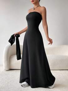 SHEIN EZwear 時尚黑色無肩帶披肩領長袖禮服,底擺飄裙款 - 黑色 - 查看 4